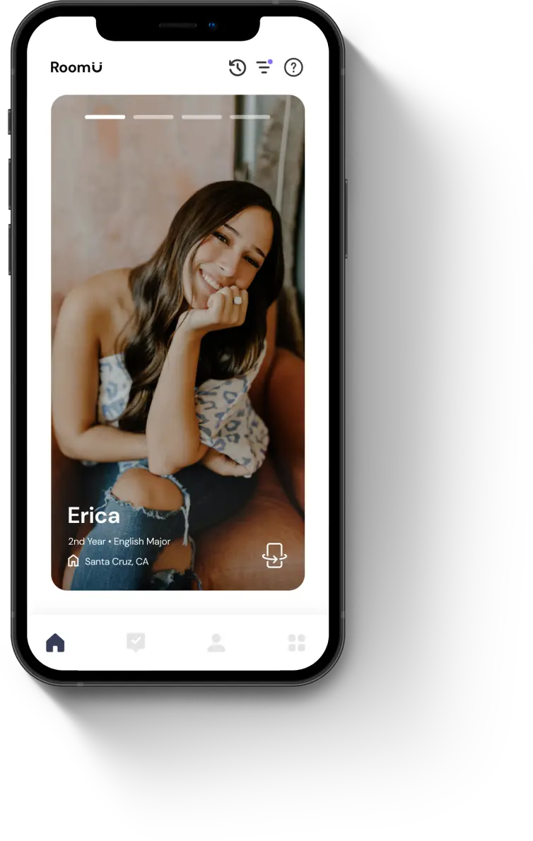 RoomU student profile card front with large photo